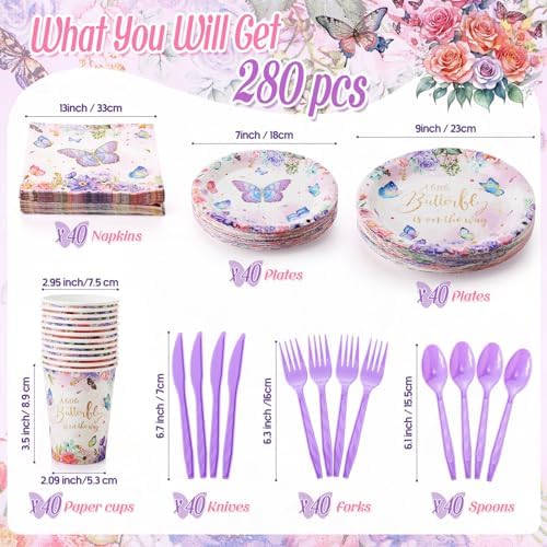 Ziliny 280 Pcs Butterfly Baby Shower Paper Plates and Napkins Paper Cups Plastic Knives Forks Spoons Disposable Tableware Set for Butterfly Theme Birthday Party Supplies, Serve 40 - Image 2