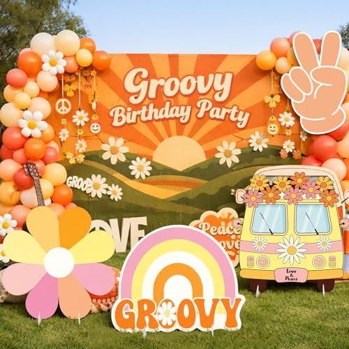 4 Pcs 24 Inch Large Hippie Photo Booth Props Retro Groovy Cardboard Cutout Party Decorations Boho Bus Daisy Peace Sign Hand Rainbow Frame Backdrop for 60s 70s Hippie Baby Shower Party Supply - Image 2