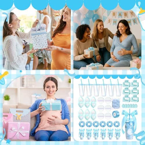 Teenyyou 6 Sets Baby Shower Game Gifts for Players Baby Shower Favors Tumbler Hair Comb Powder Puff Hair Claw Gift Bag Thanks Tags for Wedding Bridal Favors Party Guests (Blue) - Image 4