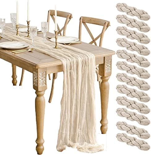 12 Pack Beige Cheesecloth Table Runner 10ft Boho Gauze Cheese Cloth Table Runner Rustic Sheer Runner 120 inch Long for Christmas Wedding Bridal Baby Shower Birthday Table Decorations by WJWHQ
