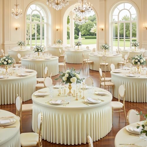 2 Pack Ivory Round Spandex Tablecloths, 5FT/60In Stretchy Table Cloth with Skirt, Washable Fitted Tablecloth, Circle Wrinkle Free Table Cover for Wedding Party Dining Banquet Event - Image 3