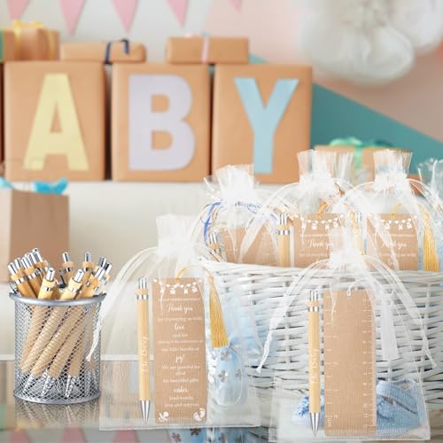 Gilprop 50 Sets Kraft Brown Baby Shower Favors for Guests Includes 50 Baby Shower Ballpoint Pens 50 Thank You Bookmarks with Organza Bags for Gender Reveal Gifts Guest Prizes - Image 6