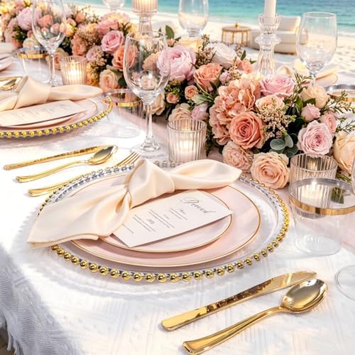 WDF 300Pcs Pink Plates Disposable - Pink and Gold Plastic Dinnerware Set for 50 Guests Include 50 Dinner & Cake Plates & 50 Disposable Cutlery & 50 9oz Cups for Wedding/Baby Shower/Birthday - Image 4
