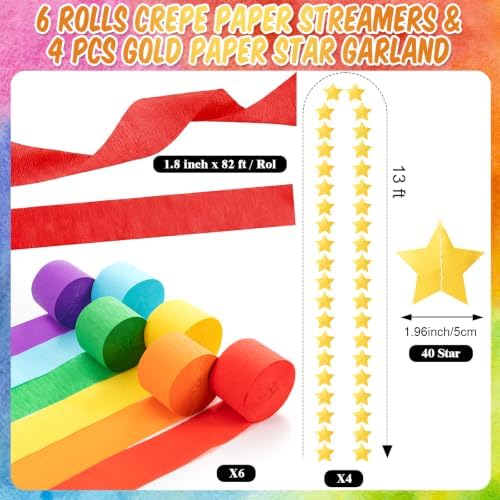 TaoBary Rainbow Party Decorations, 6 Roll Crepe Streamers 600 Paper Chain Garland Strips 4 Star Hanging 2 Felt Pennant Flag 2 Paper Fans Garland 6 Four Leaf Clover Streamers for Birthday Party - Image 5