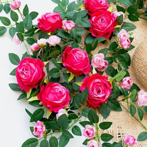 2 PCS 12FT Bendable Flower Garland, Fake Rose Vine for Home Decor,Fuchsia - Image 6
