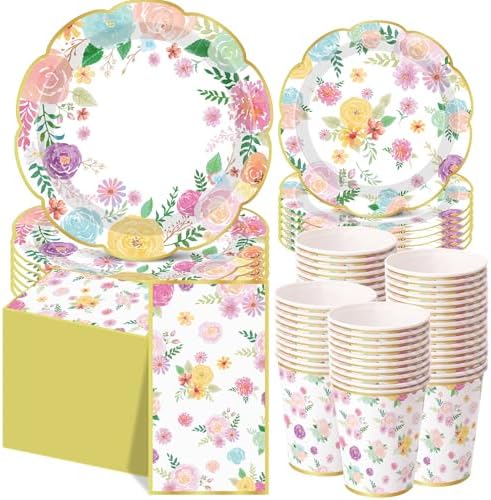 Pickmesh 250 Pcs Garden Blooms Wildflower Disposable Tableware Set Watercolor Floral Paper Plates Napkins and Cups for Wedding Birthday Party Supplies Bridal Baby Shower Engagement, Serve 50 Guest by Pickmesh