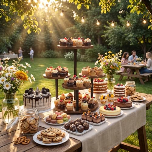 4 Tier Round Cupcake Tower Stand for 50 Cupcakes, 360° Rotating Wood Cake Stand with Tiered Trays, Farmhouse Cookie Stand for Dessert Table Display for Wedding Birthday Baby Shower Tea Party - Image 5