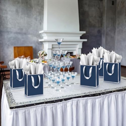 Yeaqee 50 Pcs Metallic Paepr Gift Bags Bulk with Handles,Navy Blue, Silver - Image 7