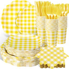 Funnymoom 400 Pcs Gingham Party Supplies for 50 Guests Yellow and White Paper Plates and Napkins Knives Spoon Fork Cup Disposable Checkered Dinner Party Set Cutlery for Baby Shower Wedding Favor by Funnymoom