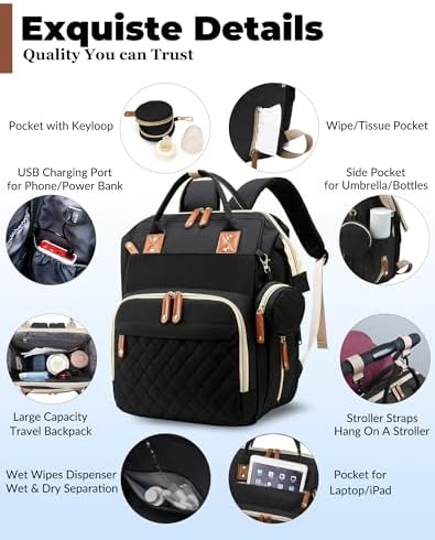 Diaper Bag with Changing Station, Waterproof 3 in 1 Diaper Backpack with Foldable Changing Pad, Insulated Bottle Holders,Large Travel Backpack for Mom & Dad, Baby essentials,Black - Image 3