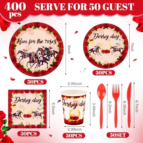 Funnymoom 400 Pcs Derby Run for The Roses Party Supplies, Horse Racing Paper Plates Napkins Cups Cutlery Set, Western Cowboy Disposable Dinnerware for Preakness Party Bridal Shower, Serves 50 Guests - Image 2