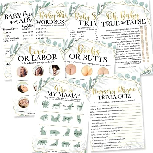 Hadley Designs 50 Greenery Baby Prediction And Advice Cards, Trivia Games, etc., 25 Love or Labor, 25 Baby Animal Matching, Nursery Rhyme Game-8 Double Sided Cards Baby Shower Funny Games by HadleyDesigns