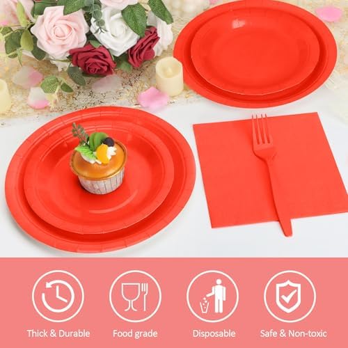 250Pcs Red Paper Plates and Napkins Party Supplies Include 9’’Disposable Red Party Plate, 7’’Dessert Plates Cups Napkins Forks Sets for Birthdays, Weddings, Graduations, Valentines, Serves 50 - Image 3