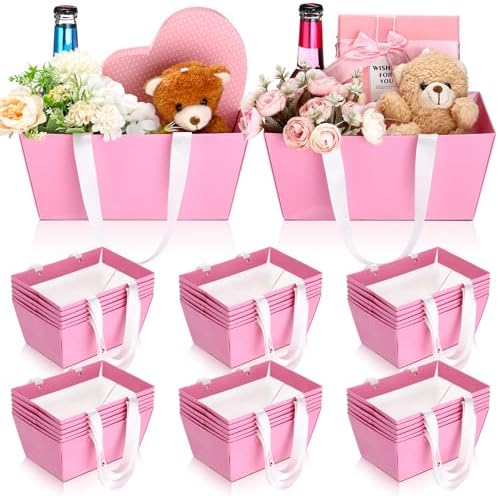 Glenmal 36 Pcs Pink Gift Basket Empty Bulk with Handles 9.8 x 6.5 x 4.3 Inch Kraft Basket Kraft Cardboard Wrap Bags Tray for Weeding Party Birthday Christmas Valentines Breast Cancer Party Supplies by Glenmal