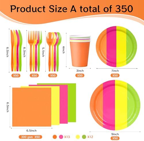 350 Pcs Neon Disposable Plates and Napkins Tableware Set for 50 Guests - Image 2