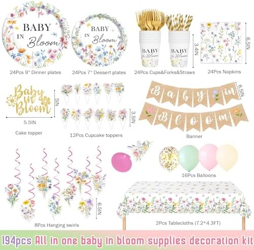 Hombae Baby in Bloom Baby Shower Decorations, 194PCs Spring Wildflower Party Supplies Wild Flower Tableware with Balloons Floral Banner Plates Napkins Forks Straws Service 24 - Image 2