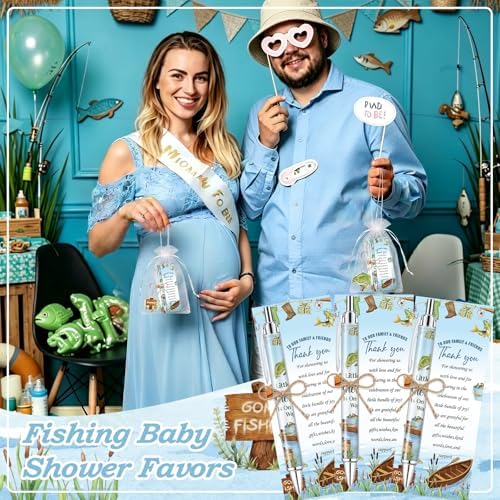 145 Pieces Fishing Baby Shower Favors for Guest A Little Fisherman Is On The Way Ballpoint Pens and Keychains Gifts Bulk Retractable Baby Shower Pens Gender Reveal Greeting Cards Souvenirs Prizes - Image 7