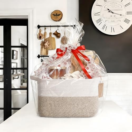 Goodpick Woven Storage Basket, Cotton Rope Basket for Dog Toys, Books, Stylish Gift Basket with Handles, 13 x 10 x 9 Inches Square Baskets for Organizing, Brown and White (Pack of 3) - Image 2