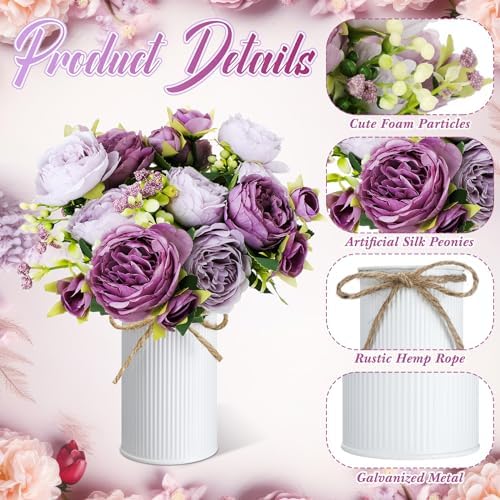 3 Sets Artificial Peonies Flower Peony Bouquet with Galvanized Metal Pot Silk Fake Peonies Faux Flower Arrangements for Wedding Table Centerpiece Party Home Room (Purple) - Image 3