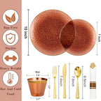 Rubtlamp 700Pcs Amber Gold Plastic Dinnerware Set, Hammered Clear Gold Plates, Fancy Plastic Plates Include 100 Dinner Platos, 100 Salad Platos, 100 Cups,100 Pack Pre Rolled gold plastic Silverware - Image 2
