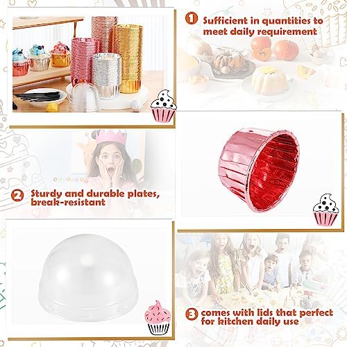 Bokon 200 Pack Cupcake Liners with Dome Lids and Spoons 3.5 oz Mini Foil Baking Cups Disposable Muffin Liners Pans Holders Containers Cupcake Wrappers for Wedding Birthday Party Individual Bakery - Image 4