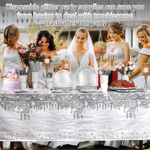 Funnymoom 452 Pcs Silver Birthday Party Decorations Include Diamonds Silver Glitter Paper Plates and Napkins Cups Tablecloth Cutlery Straws Disposable Tableware Set for Birthday Supplies - Image 6