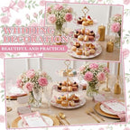 3 Tier Pink Floral Cake Stand Ceramic Coquette Dessert Stand with Gold Metal Rack Shabby Hydrangea Bow Cupcake Tower for Wedding Bridal Shower Baby Shower Birthday Afternoon Tea Party - Image 3