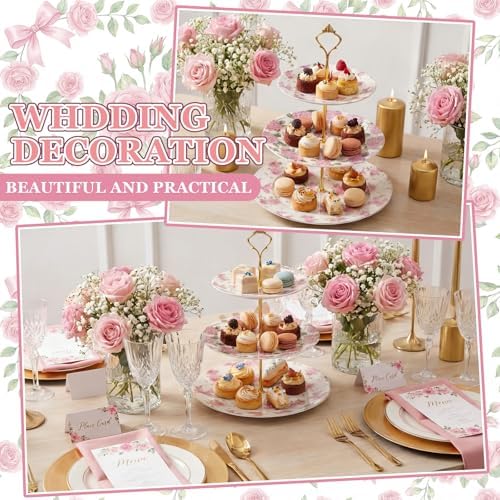 3 Tier Pink Floral Cake Stand Ceramic Coquette Dessert Stand with Gold Metal Rack Shabby Hydrangea Bow Cupcake Tower for Wedding Bridal Shower Baby Shower Birthday Afternoon Tea Party - Image 3