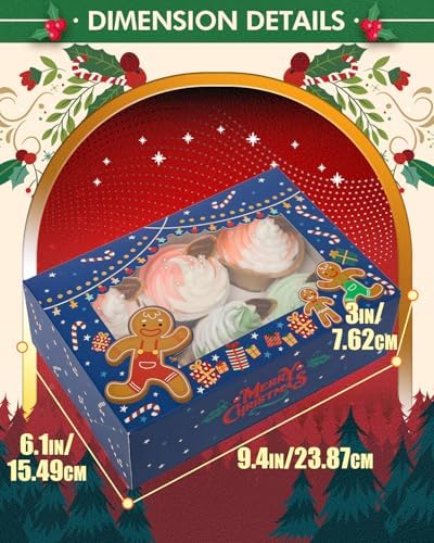 qiqee Christmas 6 Cupcake Boxes with Window 30 Packs Cupcake Box 9.4x6.1x3 inch Bakery Boxes For Cupcakes Carrier, Cupcake Containers - Image 6