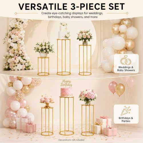 3 Pcs Cylinder Pedestal Stands for Party, Gold Metal Plant Stand - Image 5