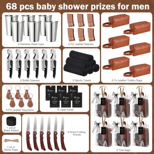 Yungyan 56 Pcs Baby Shower Prizes for Men Gift Set 6 Sets of Stainless Steel Cups, PU Storage Pouches, Bottle Openers, Folding Utility Knives, Cup Sleeves, Carry Bags, Cooling Towels, Keychains - Image 3
