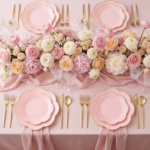 LIYH 150Pcs Gold Flower Edge Pink Dinnerware Set For 30 Guests Party - Image 6