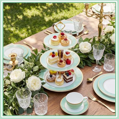 CHENGU 3 Tier Christmas Cupcake Stand Green Ceramic with Gold Frame - Image 2