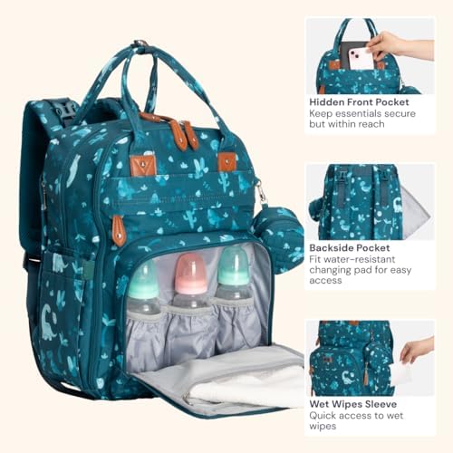 BabbleRoo Diaper Bag Backpack - Baby Essentials Travel Tote - Multi Function Water Resistant Diaper Bag, Travel Essentials Baby Bag with Changing Pad, Stroller Straps & Pacifier Case - Unisex, Dino - Image 5