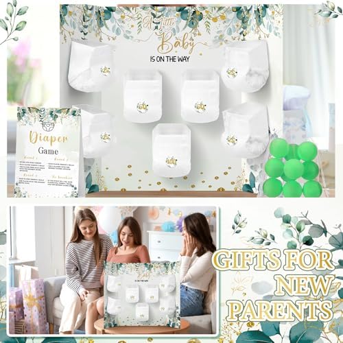 Ctosree 31 Pieces Greenery Baby Shower Diaper Game 1 Diaper Baby Shower Game Board 7 Diapers 10 Plastic Balls 1 Organza Bag for Bridal Games Boy Girl - Image 6
