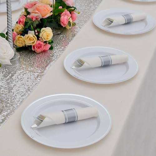 100 Pack Pre Rolled Silver Plastic Silverware Set with Napkins,Disposable Wrapped Heavy Duty Cutlery Set for Wedding Birthday Party-100 Forks,Knives,Spoon,Utensils Set,Plasticware Bulk - Image 7
