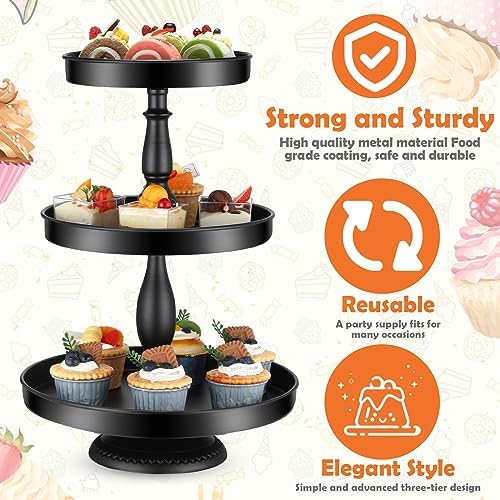 Maxdot 2 Pcs 3 Tier Cupcake Stand, Round Metal Dessert Tower,Black - Image 4