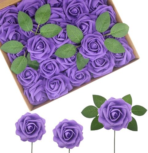 100PCS Dark purple Artificial Flowers Realistic Roses, Real Looking Fake Roses with Stem for DIY Wedding Bouquets Centerpieces Bridal Shower Party Home Romantic Decorations (Dark purple, 100pcs) by BringmoreJoyinyourlife