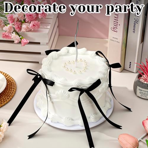 JarThenaAMCS 6 Inch White Fake Cake with Black Bows Round Artificial Fake Birthday Cake Coquette Dessert Decor for Wedding Party Display Photo Props Supplies - Image 4