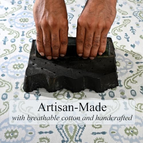 Ridhi Coastal Ikat Blue and Sage Green Hand Block Print Cotton Rectangle Tablecloth 60x60 inch Reusable Table Cover Decorative Everyday Use for Dining Room, Farmhouse, Home Gift for Spring, Summer - Image 3