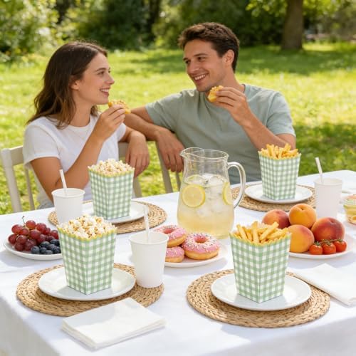 Kuabiz 60 Pcs Green Gingham Popcorn Boxes with Scalloped Sage Green Checkered Paper Candy Boxes Disposable Gingham Popcorn Bowls Cookie Containers for Movie Night Bridal Baby Shower Party Supplies - Image 6