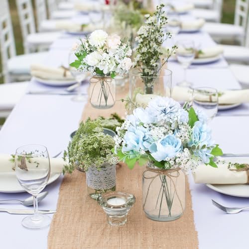 Zeyune 6 Sets Mason Jar Table Centerpiece Artificial Flower, Blue, White - Image 6