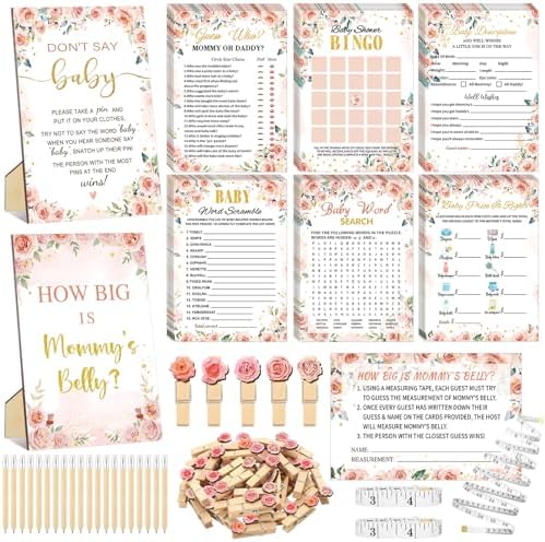 Funnymoom 426 Pcs Rose Baby Shower Games Set Pack, 8 Games Floral by Funnymoom