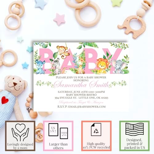 Custom Baby Shower Invites Pink Watercolor Jungle Invitations 20 5x7 Custom Personalized Watercolor Safari Jungle Invitations With Envelopes - Unique Girl Watercolor Safari Jungle Baby Shower Cards - Image 2