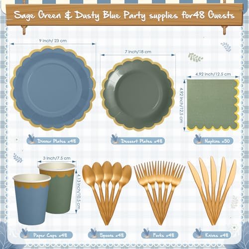 Mimorou 338 Pcs Dusty Blue and Sage Green Plates and Napkin Party Supplies - Image 3