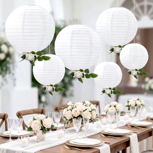 6 Pack White Paper Lanterns with Artificial Rose Garlands, 8 10 12 Inch Hanging Paper Lantern Kit with Nylon Fishing Line, Ivory Floral Ceiling Decor for Wedding Birthday Baby Shower Party by Kittmip