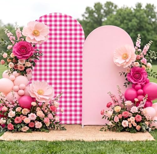 Tegeme 2 Set Gingham Arch Backdrop Cover 7.2ft 6.6ft Arch Cover, Rose Pink by Tegeme
