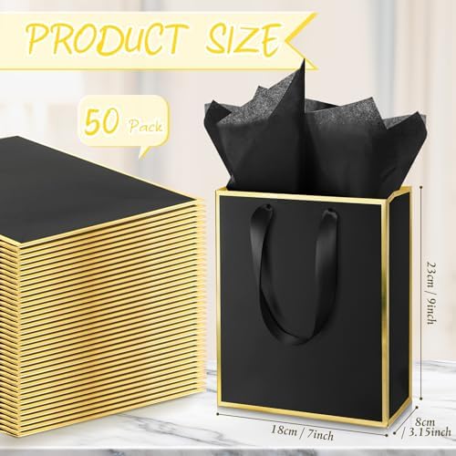 Yeaqee 50 Pcs Metallic Paepr Gift Bags Bulk with Handles,Black Gold - Image 2