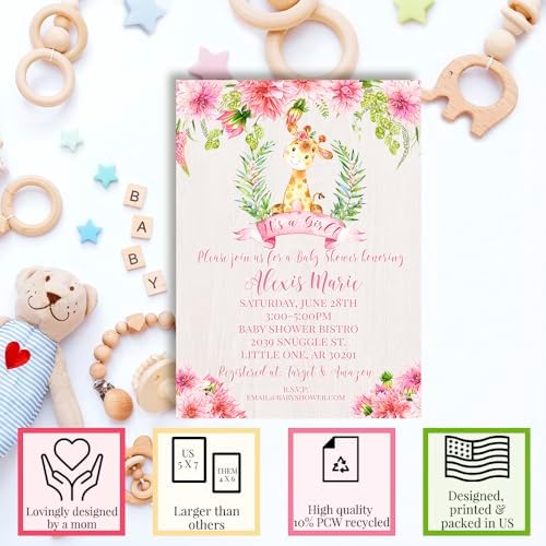 Amanda Creation Custom Baby Shower Invites Pink Dahlia Flowers Giraffe Invitations 20 5x7 Personalized Invites With Envelopes - Image 2