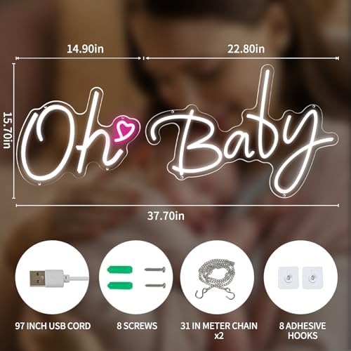 Oh Baby Neon Sign for Backdrop Wall Decor 37.7x15.7inch White - Image 2